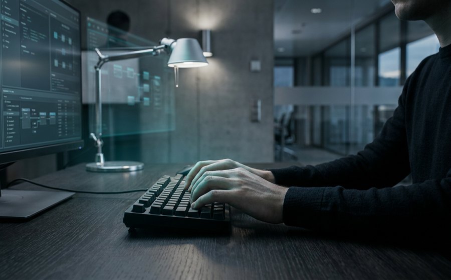 Zoho-Admin-Szene: Hände am Keyboard mit blurred Konfigurations-Screens