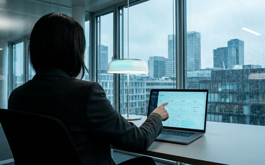 Geschäftsführer-Szene: Über-die-Schulter-Blick auf Strategie-Dashboard